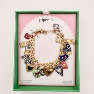 Piper K Heart Charm Bracelet Gold Tone Hand Painted Glass Stones NIB